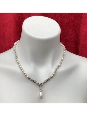 Sterling Silver & Pearl Necklace With Crystal Accents & Teardrop Pendant